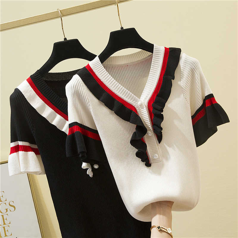 

knitted Oversized Pullover Women V Neck Knitted Sweater Shirt Female All-match Basic Short Sleeve Tops jersey mujer 210604, Black