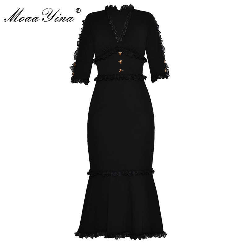 

Fashion Designer Runway Dress Summer Women V-neck Half sleeve Lace Button Slim Packet hip Elegant Fishtail 210524, Black