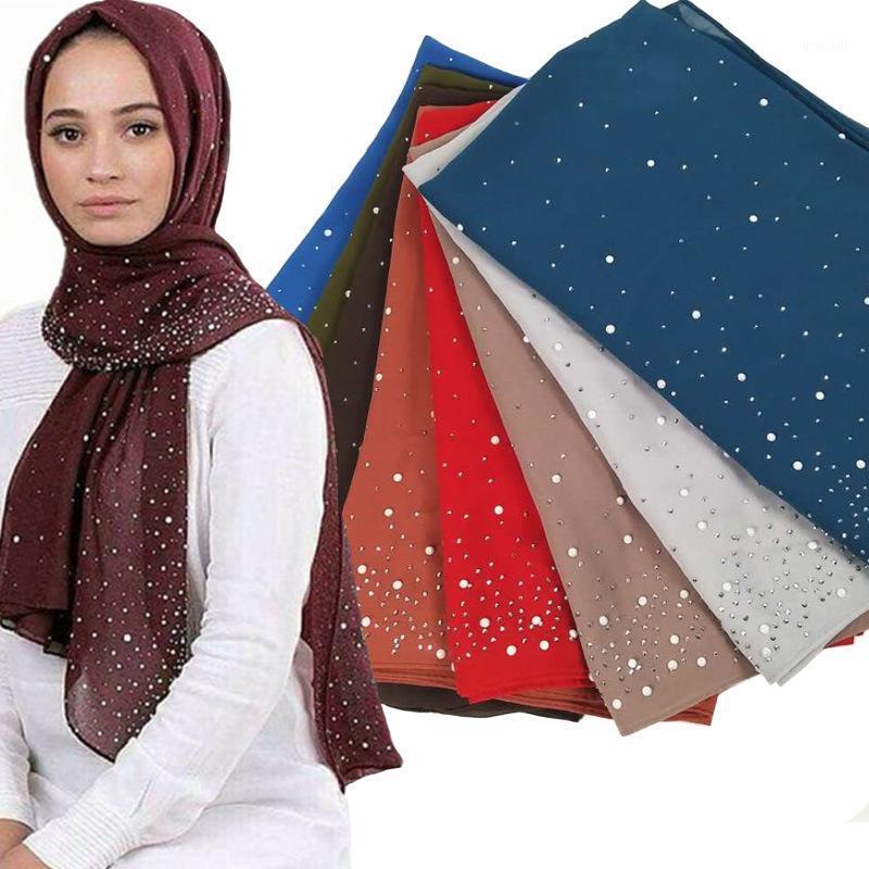 

Scarves Women's Fashion Bubble Chiffon Scarf With Diamond Studs Pearl Scarfs Plain Solid Instant Shawls And Wraps Headband Muslim Hijab, Blue;gray