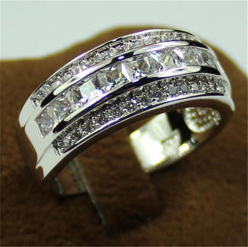 Cluster Rings Men's Deluxe 10K White Gold Princess-cut Sapphire Crystal Gemstone Band Ring Wedding For Men Women Jewelry