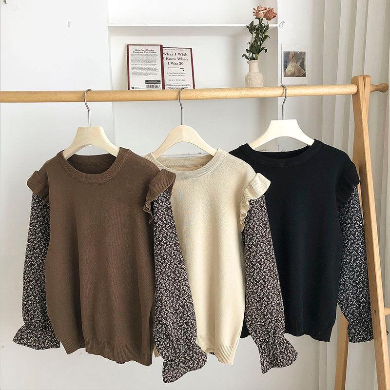 

Women's Sweaters 2021 Autumn Korean Vintage Print Patchwork Sweet Sweater O-neck Long Sleeve Knit Pullovers Elegant All-match Jumpers, White;black