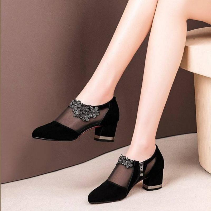 

Breathable Mesh Sandals For Female Sexy High Heels Rhinestone Square Heel Summer Shoes Woman Fashion Pumps Black Sandalias DX34