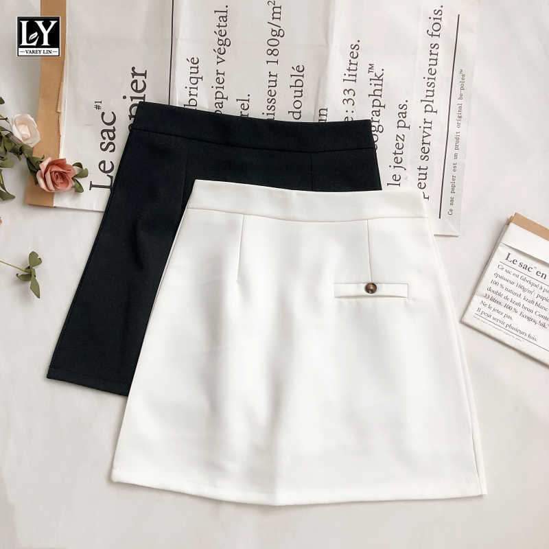 

LY VAREY LIN Summer Office Lady Solid Color White High Waist Mini Skirts Women Sweet Slim Black A-line Female 210526