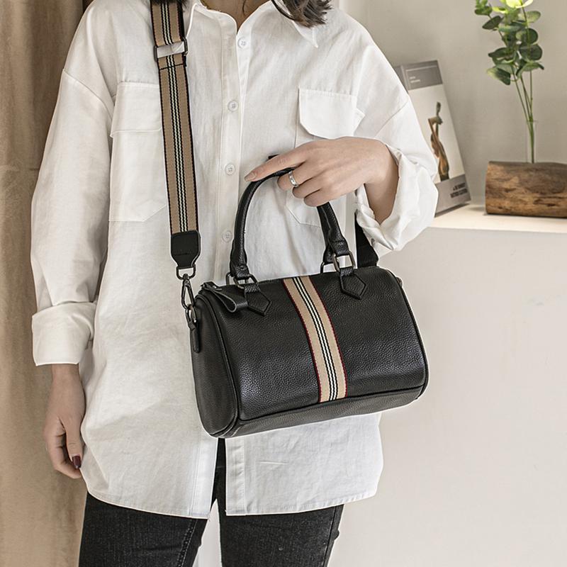 

Women 100% Genuine Leather Boston Handbag Fashion Wide Strap Crossbody Bags Lady Contrast Cowhide Shoulder Tote Bag, Black