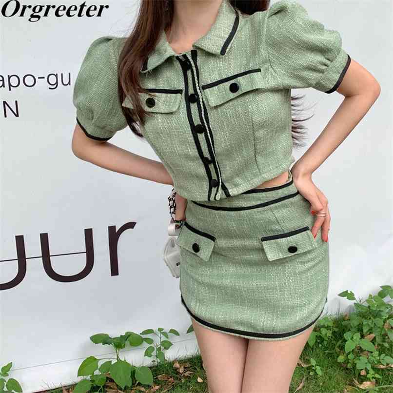 

Vetement Femme Summer Retro 2 piece set Women Lapel Single-breasted Puff Sleeve Cropped Tops and Mini Skirt Suits 210602, Green