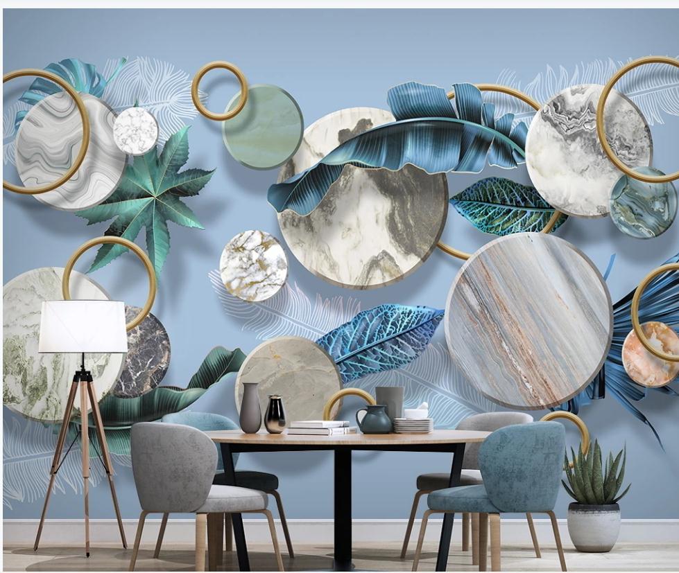 

3d customized wallpaper Leaf feather light luxury geometric wallpapers 3D stereo background wall mural, Blue