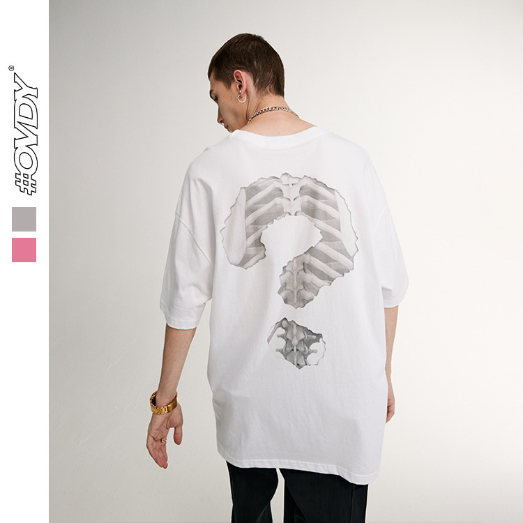 

wxwovdy men's 2021 spring and summer new street fashion simple qution mark printing loose short sve t-shirt, White;black