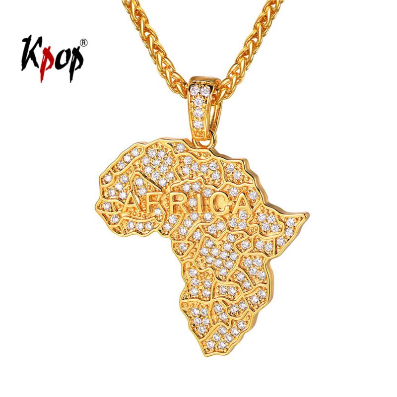 

Pendant Necklaces Kpop Map Of Africa Necklace Hiphop Jewelry Gold Color Cubic Zirconia Charm For Women P3590, Silver