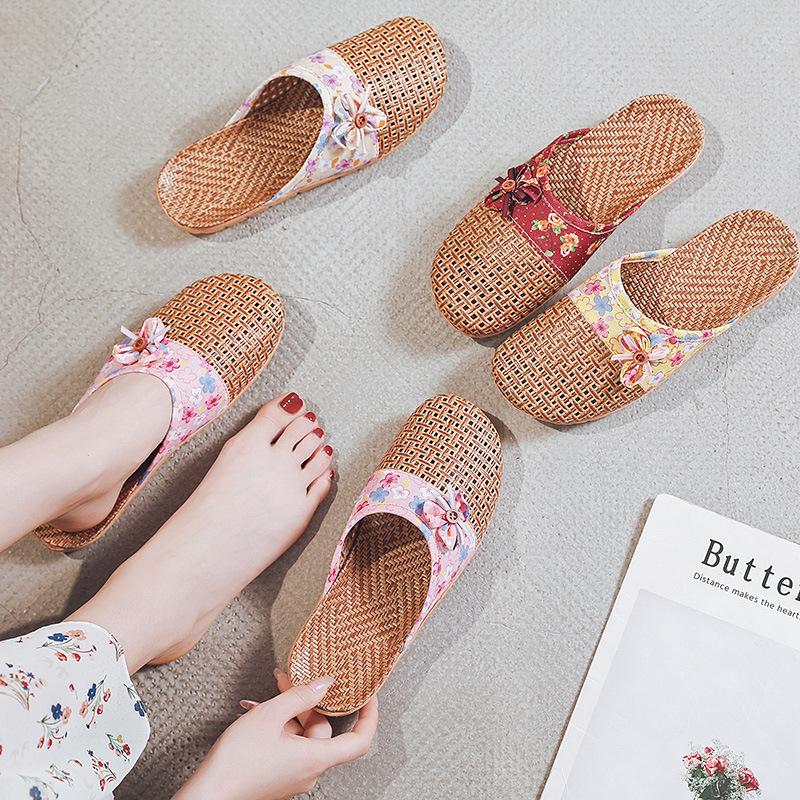 

Slippers Bamboo Woven Asian Grass Indoor Wooden Floor Silent Non-Slip Home Women Rattan Cool Shoes, Pink