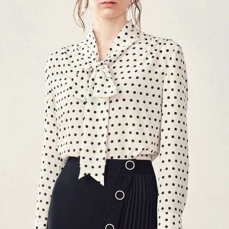 

2021 New Elegant Women Polka Dot Casual Office Lady Bow Tie Long Shirts Fashion Sleeve Chiffon Blouses Tops 8g63, White