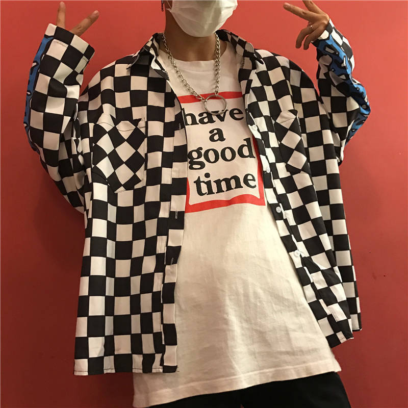 

2021 New Hip Hop Camisa Xadrez Primavera Casual Manga Comprida De Algodo Japons Harajuku Outono Patchwork Impresso Fogo Camisas Streetwear H