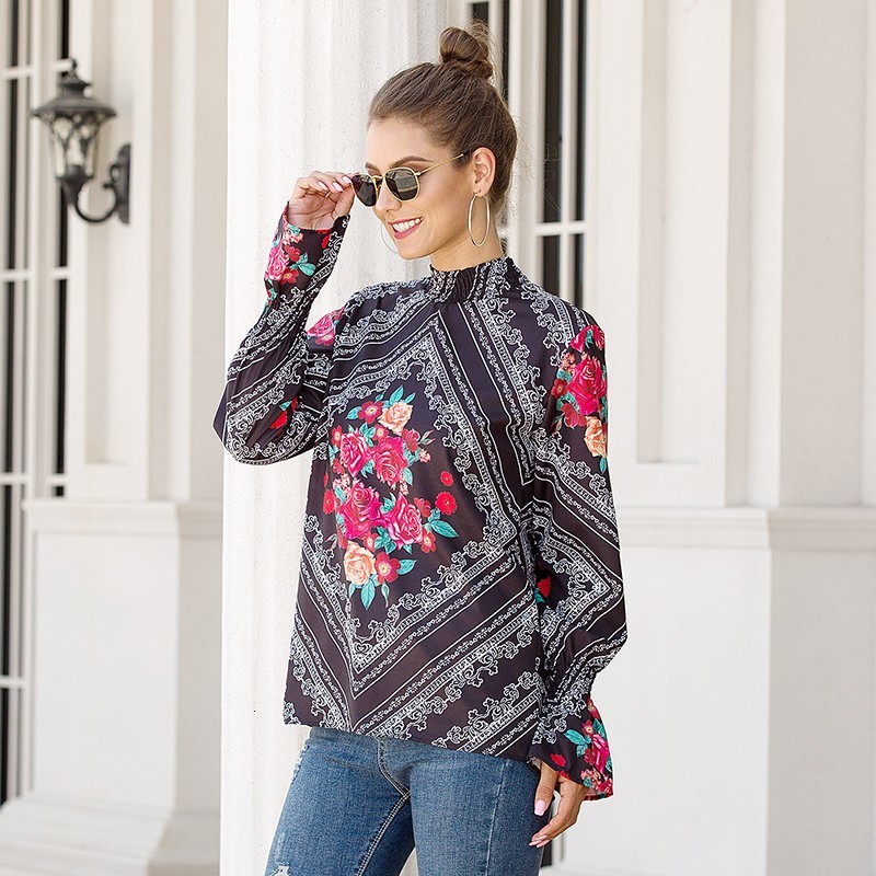 

2021 New Womens Tops and Blouses Spring Floral Casual Fashion Stand Collar Flare Long Sleeve Office Shirts Vintage Plus Size Blouse Femme 2w, White