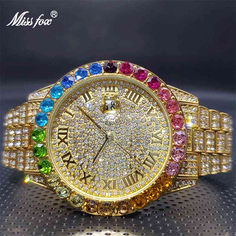 

18K Gold RelojHombre MISSFOX Rainbow Bezel Ice Out Diamond Fashion Couple Watch Calendar Waterproof Quartz Watches Droshipping, 2643r-gold