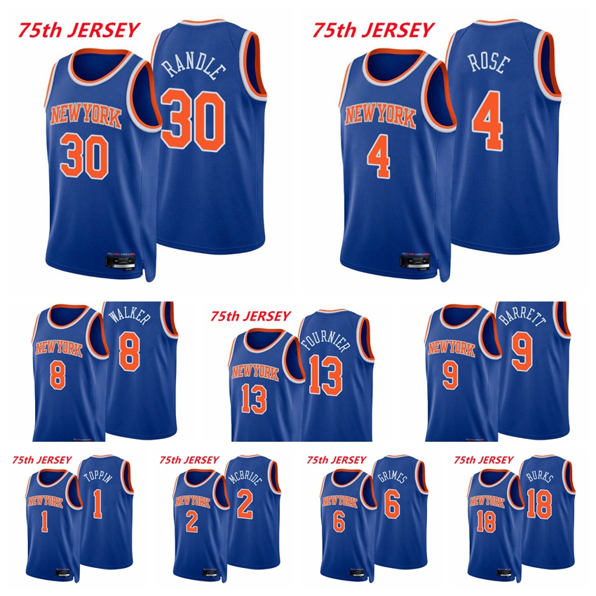 

New YorkKnicksMen Julius Randle Derrick Rose Kemba Walker Evan Fournier RJ Barrett McBride Sims Grimes 2021/22 75th Anniversary Blue City Basketball Jersey