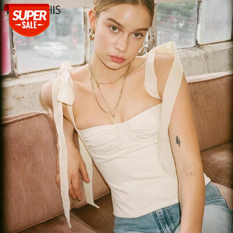 

WannaThis Spaghetti Strap Slash Neck Chiffon Camisole Women Sleevesless Casual Camisole Ruffles Backless BOW Bandage Crop Top #Kd75, White