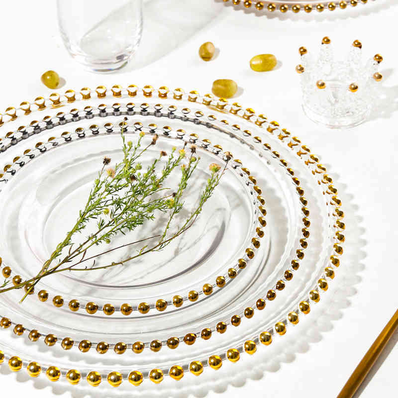

P&T 8.25" 10.5" 12.5" 13 Inch Dinner Under Plate Decorative Glass Gold Beaded Chargers Plat for Wedding, 01-8.25 inch
