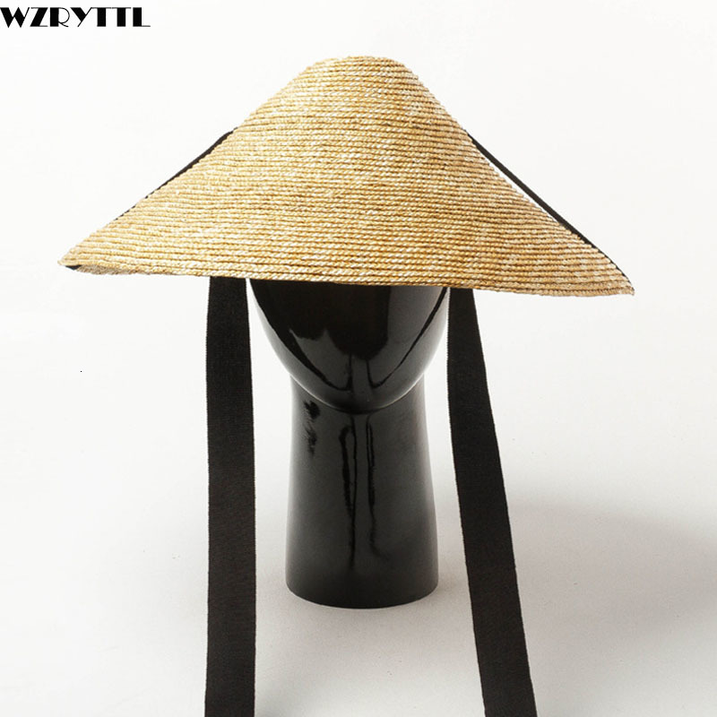 

2021 New Show Summer Outdoor Large Brim Sun Protection Straw Hat with Black Band Tie Women Men Concave Floppy Derby Beach Cap X5co, Natural