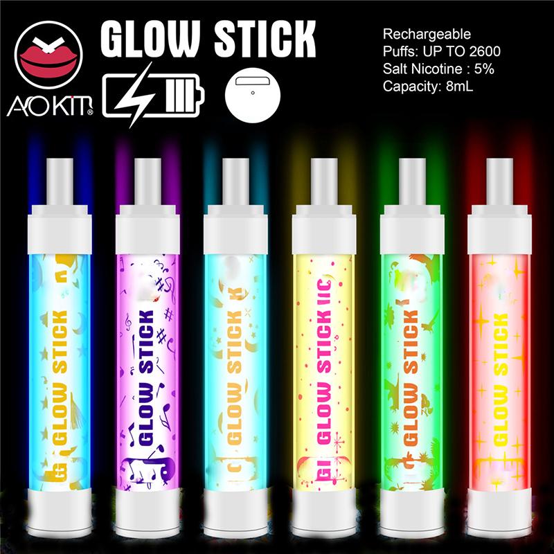 

Authentic Aokit Glow Stick E-cigarettes Disposable Pod Device Kit RGB Light 2600 Puffs Rechargeable Battery 8ml Prefilled Vape Pen Original VS Bar Plus