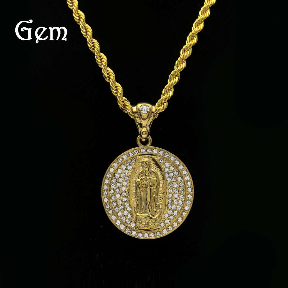 

Hiphop18k round army necklace with diamond and gold-plated Virgin Mary Pendant