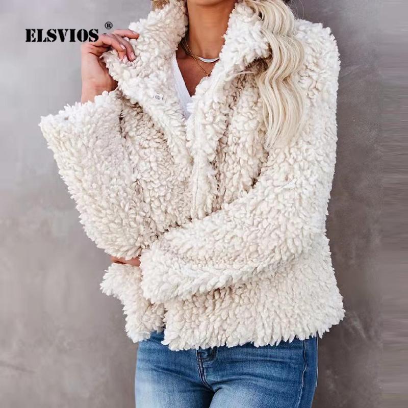 

Women's Jackets 2021 Winter Casual Warm Lambswool Coat Women Fashion Elegant Solid Long Sleeve Lady Short Jacket Vintage Covered Button Card, Black;brown