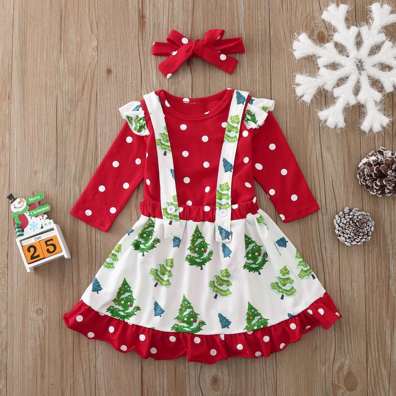 

Clothing Sets 3PCS Baby Christmas Costume Girls Dot Romper +Xmas Tree Suspender Skirt +Headband Infant Outfit Girl Clothes 0-18M, White