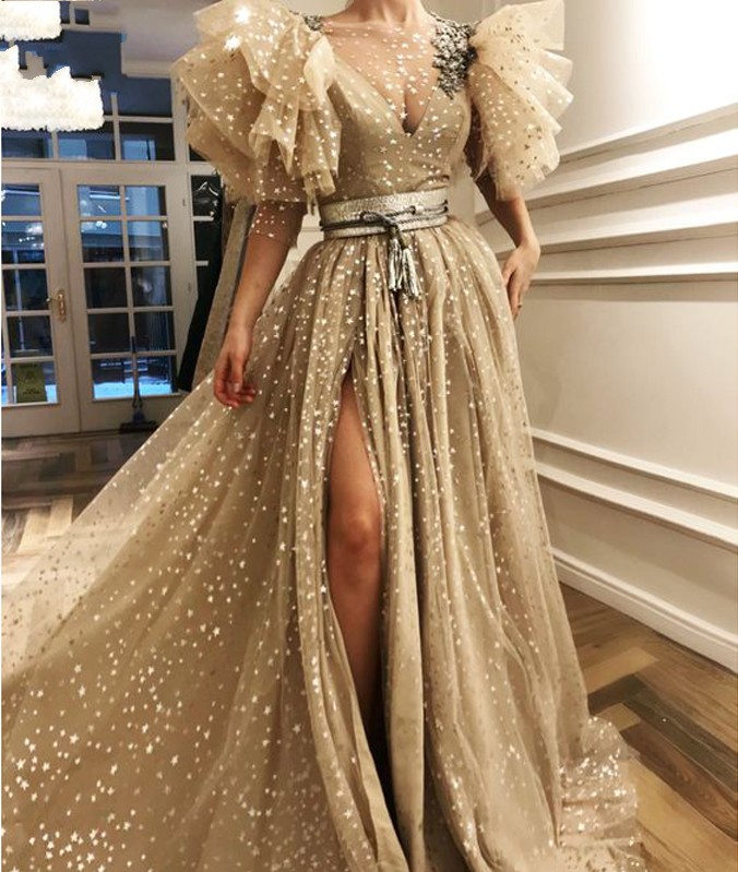 

Chic dark Gold Prom Dresses Illusion Neck High side Slit A Line Evening Dress Puffy 3/4 Sleeves vestaglia donna Shiny Tulle Arabic Formal Party Gown, Champagne