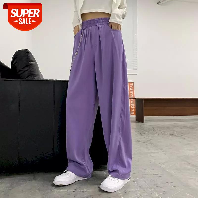 

purple streetwear high waist pants women plus size Summer casual trousers sweatpants womans wide leg straight Ankle-Length #ki76, Black;white