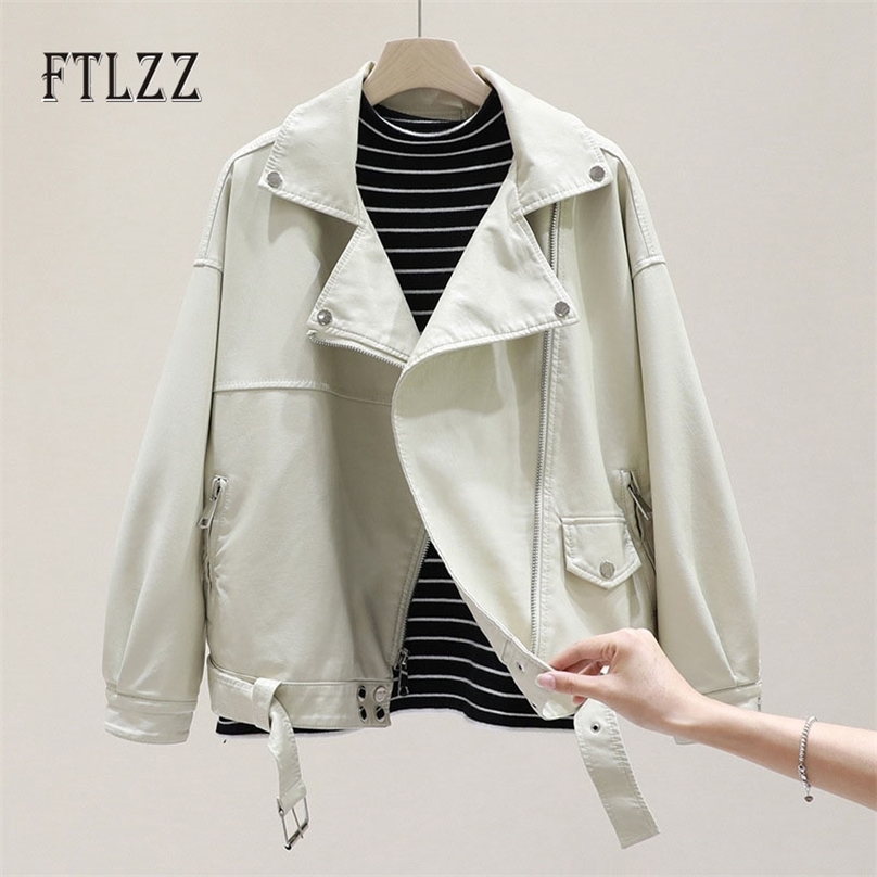 

Women Leather Coats Spring Autumn Loose Streetwear Biker Moto Faux Jacket Ladies Casual Short With Belt Outwear Chaqutas 210525