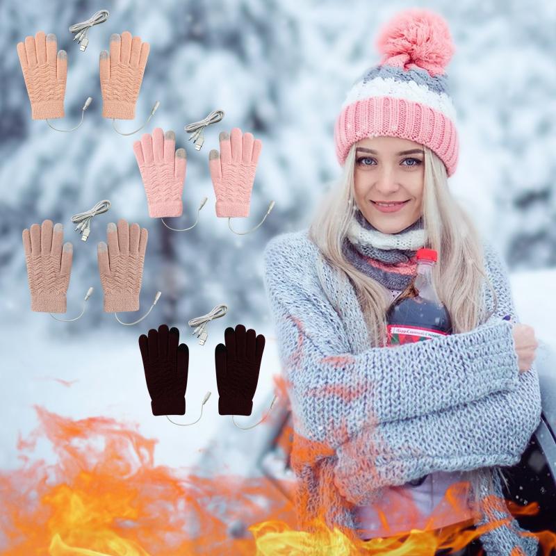 

Five Fingers Gloves USB Electric Heating Knitted Touched Screen 5-finger Knit Mittens Full Finger Female Crochet Soft, Blue;gray