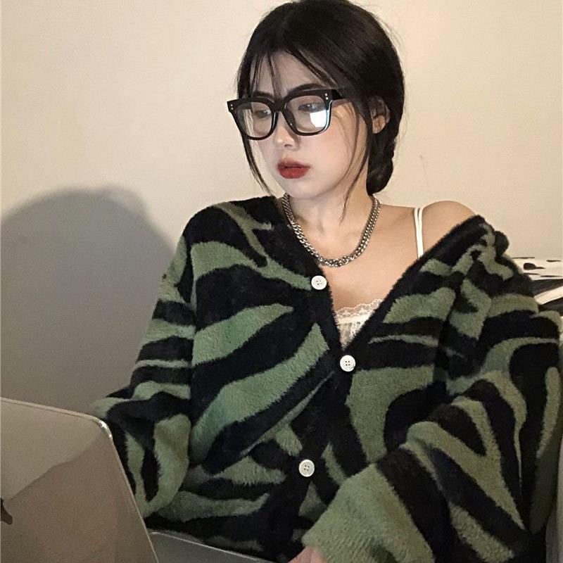 

Women' Knits & Tees Fall 2021 Women Cardigan Zebra Pattern V-Neck Loose Casual All-Match Single Stripe Breasted Knitted Harajuku Sweater, Black and white stri