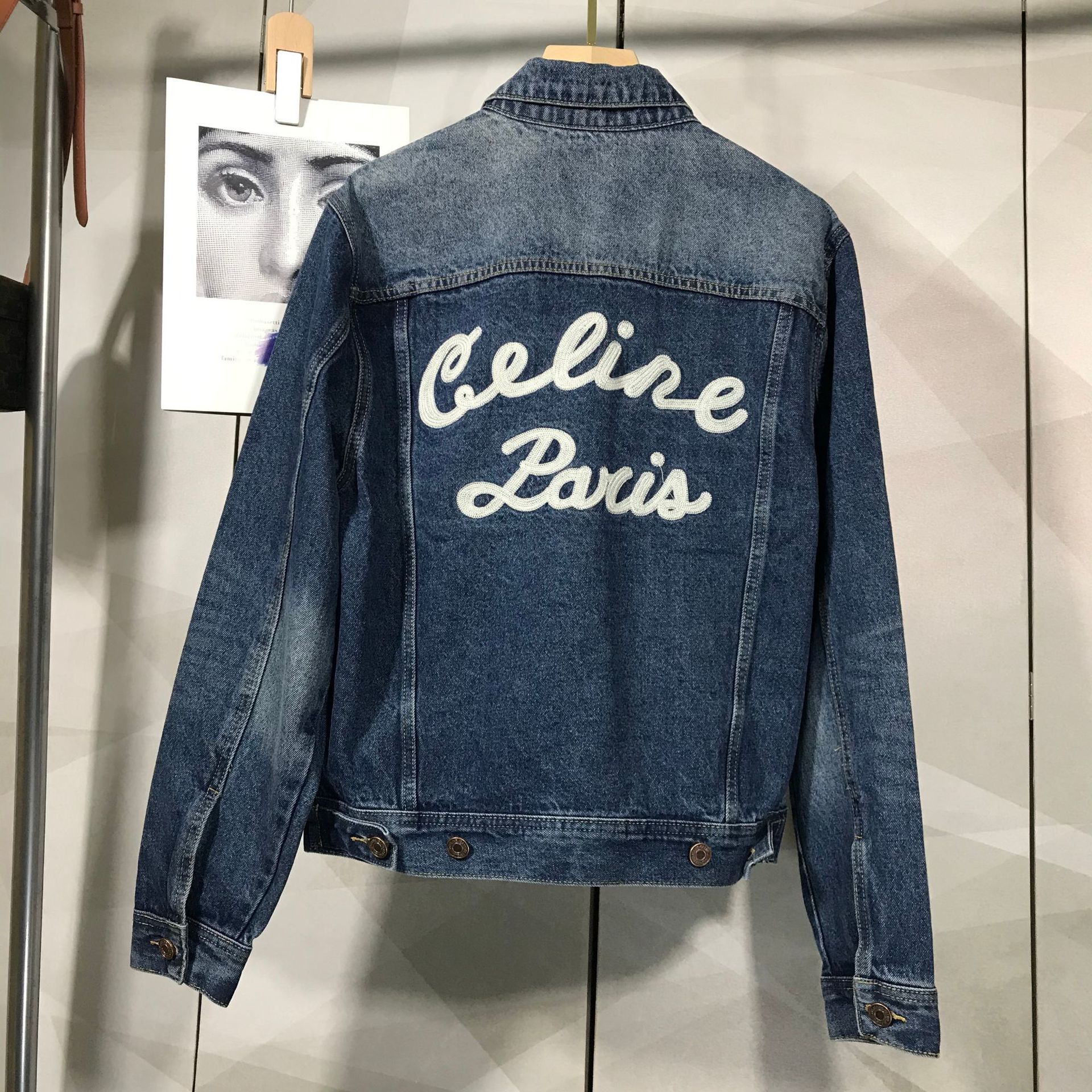 

Female CL21 autumn new back embroidered letter denim jacket, Blue