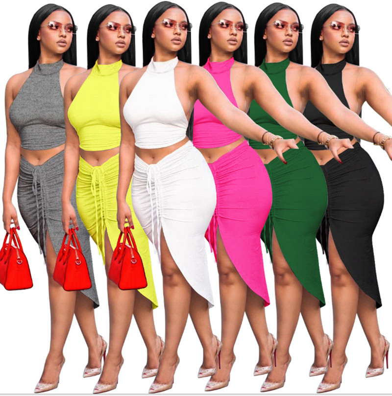 Casual Dresses Sexy Women Set Two Turtleneck Backless Crop Top Drawstrings Mid Calf Slit Skirt 2 Pieces Skinny Outfit-image-705532034