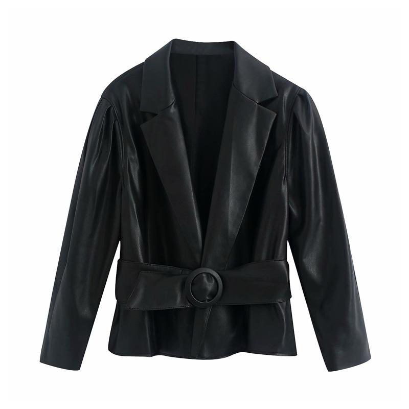 

Women Autumn PU Casual Blazers Coats Long Sleeve Sashes Black Notched Female Elegant Street Blazer Outerwear Clothing