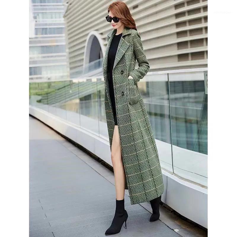 

Women's Wool & Blends Autumn Winter Women Green Striped Coat 2021 Female Slim Temperament Long Over-the-knee Thick Floral Print JacketA525, Photo color