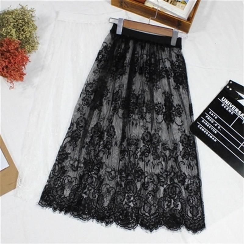 

Skirts Women Sexy Lace Mesh Skirt Spring Summer Casual High Waist Elastic Floral Hollow Out A-Line See Through Tulle Long ZY4450, Black