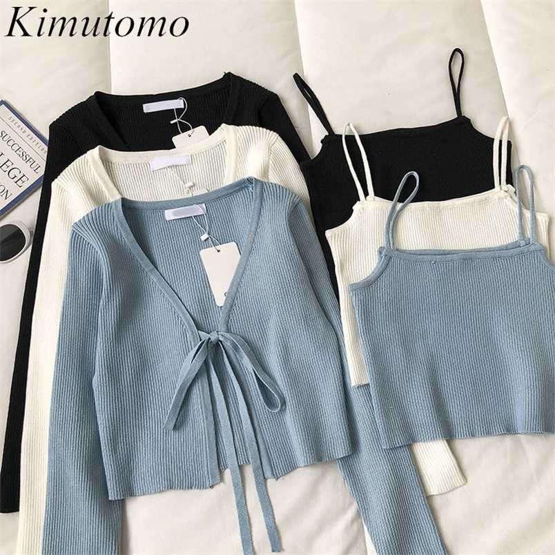 

Kimutomo Casual Fashion 2 Piece Set Women Solid V-neck Long Sleeve Lace Up Short Knitted Cardigan and Camis Knitwear Elegant 211109, Blue