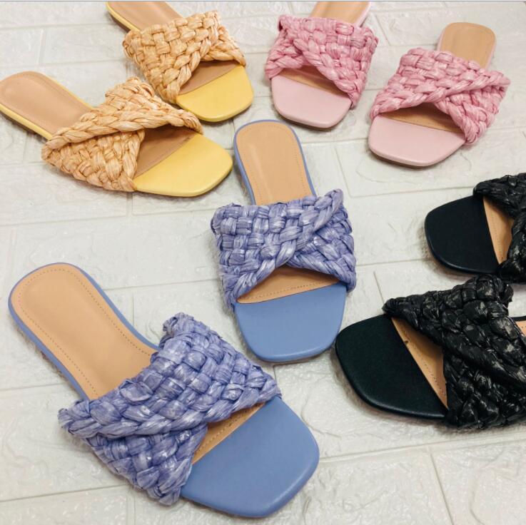 

Slippers 2021 Summer Women Fashion Sandals Woven Cross Candy Color Female Lazy Drag Large Size Beach Ms Home, Black