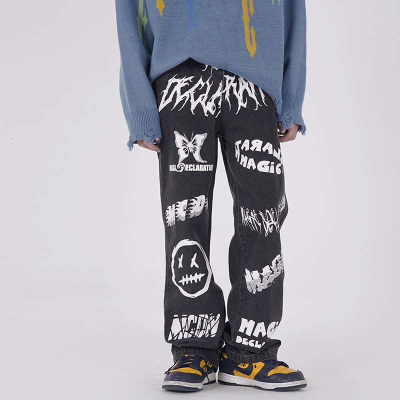 

2021 New Graffiti Streetwear Casual Jeans Men and Women High Street Washed Straight Loose Denim Pants Wide Leg Baggy Oversize Trousers Zkcs, Blue