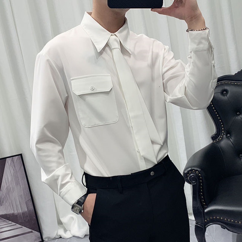 

New Korean 2021 Springlong Sleeve Black Personalized Fashion Tie Camisa Social Masculina Streetwear Shirt Men O6pc, White