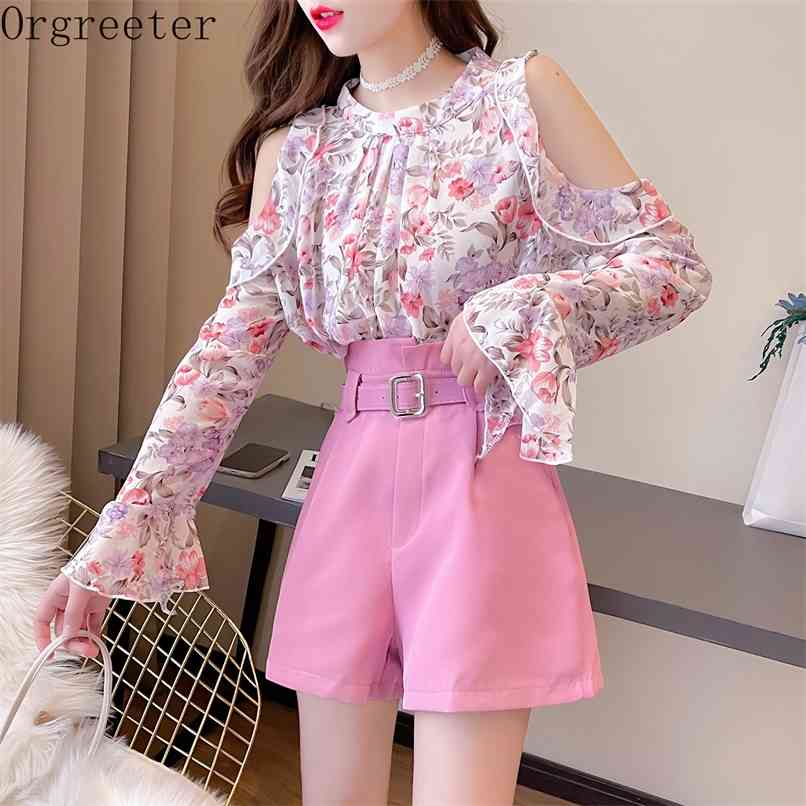 

Summer Fall Sweet Flared Sleeve Strapless Floral Printted Chiffon Shirt +High Waist Belt Shorts Two piece set Female 210602, Pink