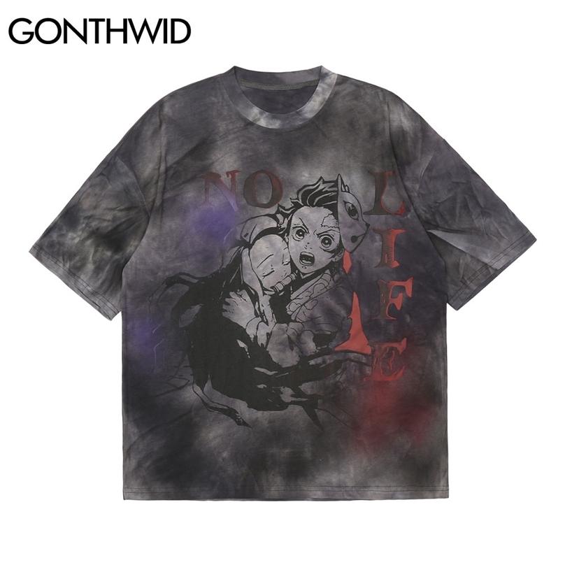 

T-Shirts Harajuku Japanese Cartoon Anime Print Tie Dye Short Sleeve Tees Shirts Fashion Hip Hop Streetwear Tshirts Tops 210602, Gray