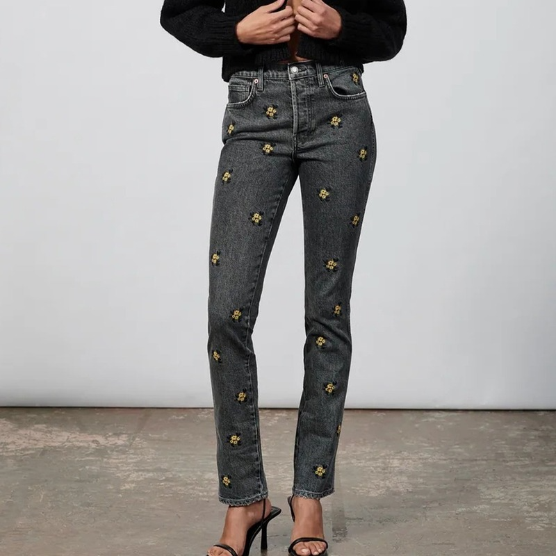 

Women's Pant Jeans Fall New Flower Embroidered Slim Jeans Fashion All-match Casual Female Vintage Chic Denim Trousers Mujer, Blue