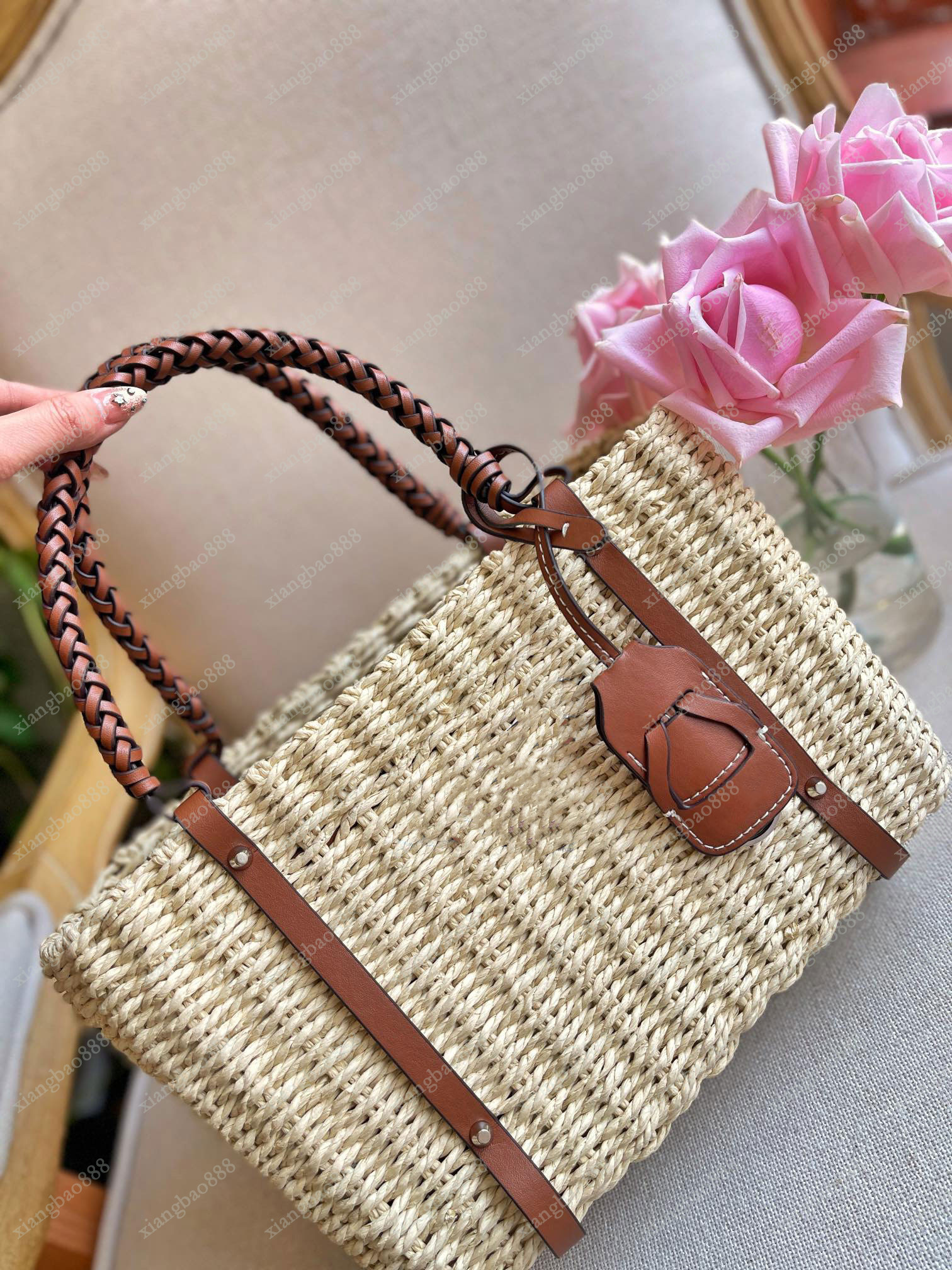 

fashion Beach Straw Bags Casual Rattan Mesh Hollow Woven triangle logo Women Shopping Handbags Female Totes Large Capacity Lady Buckets Bag Travel purse, See other product