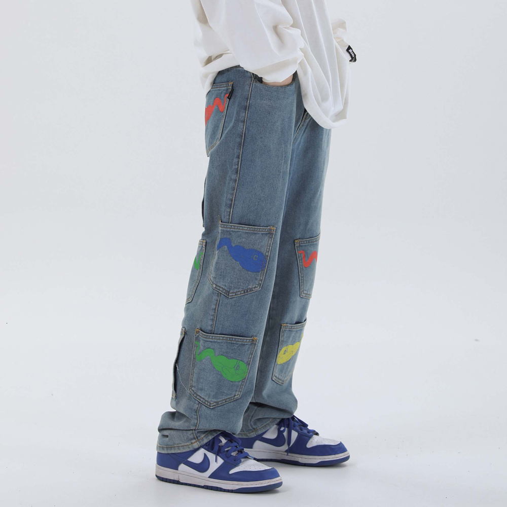 

2021 New Color Tadpole Print Streetwear Casual Denim Harajuku Hip Hop Baggy Pants Autumn Loose Joggers Trousers Orwa, Blue