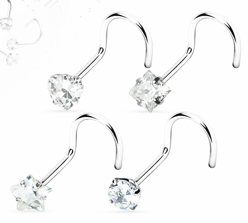 

50pcs/Lot Popular CZ Stud Screw Surgical Steel Ring Nose Piercing Shine Heart/Square/Round/Star 20G
