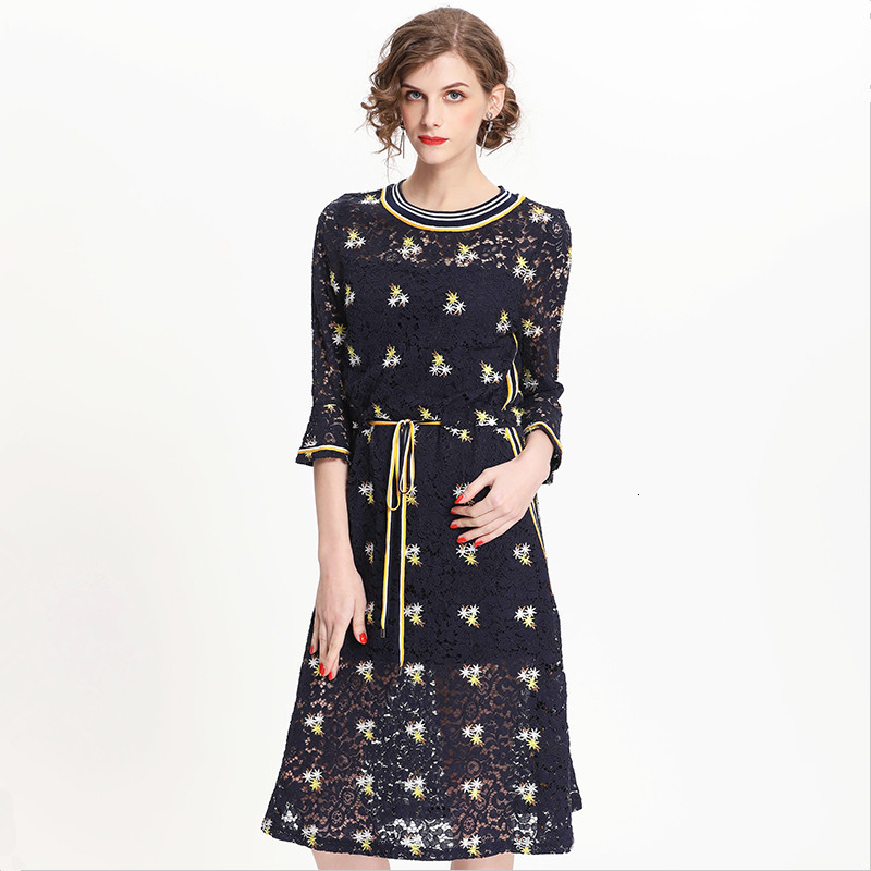 

2021 New Chegada Nova Itlia Estilo Streetwear Da Marca Em Torno Do Pescoo Bordado Vestido De Renda Das Mulheres Para a Senhora 3xl Es 9ngt, Dark blue