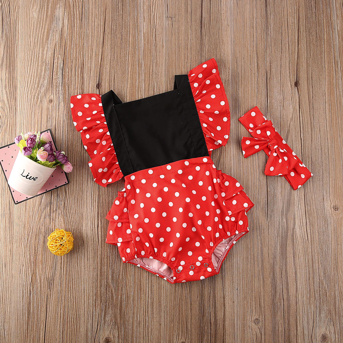 

0-24M Cute Toddler Baby Girls Bodysuits Ruffles Short Sleeve Polka Dot Print Backless Bow Jumpsuits Headband 2pcs, Default color