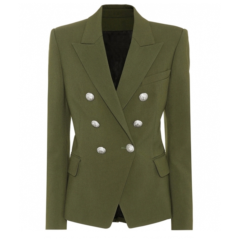 

HIGH STREET Stylish Designer Blazer Women's Classic Lion Silver Buttons Double Breasted Jacket Olive Green 211019, Beige
