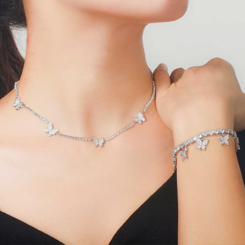 

CWWZircons Shiny Cubic Zircon Butterfly Shape Ladies Jewelry Set New Designer Bridal Choker Necklace Earrings Bracelet Sets T450 H1022, White