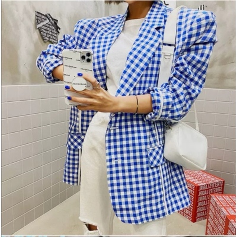 

2021 Vintage Loose Oversize Blue Plaid Jacket Womens Blazers Autumn New Design Notched Single Breasted Casual Streetwear Coats Jkm3